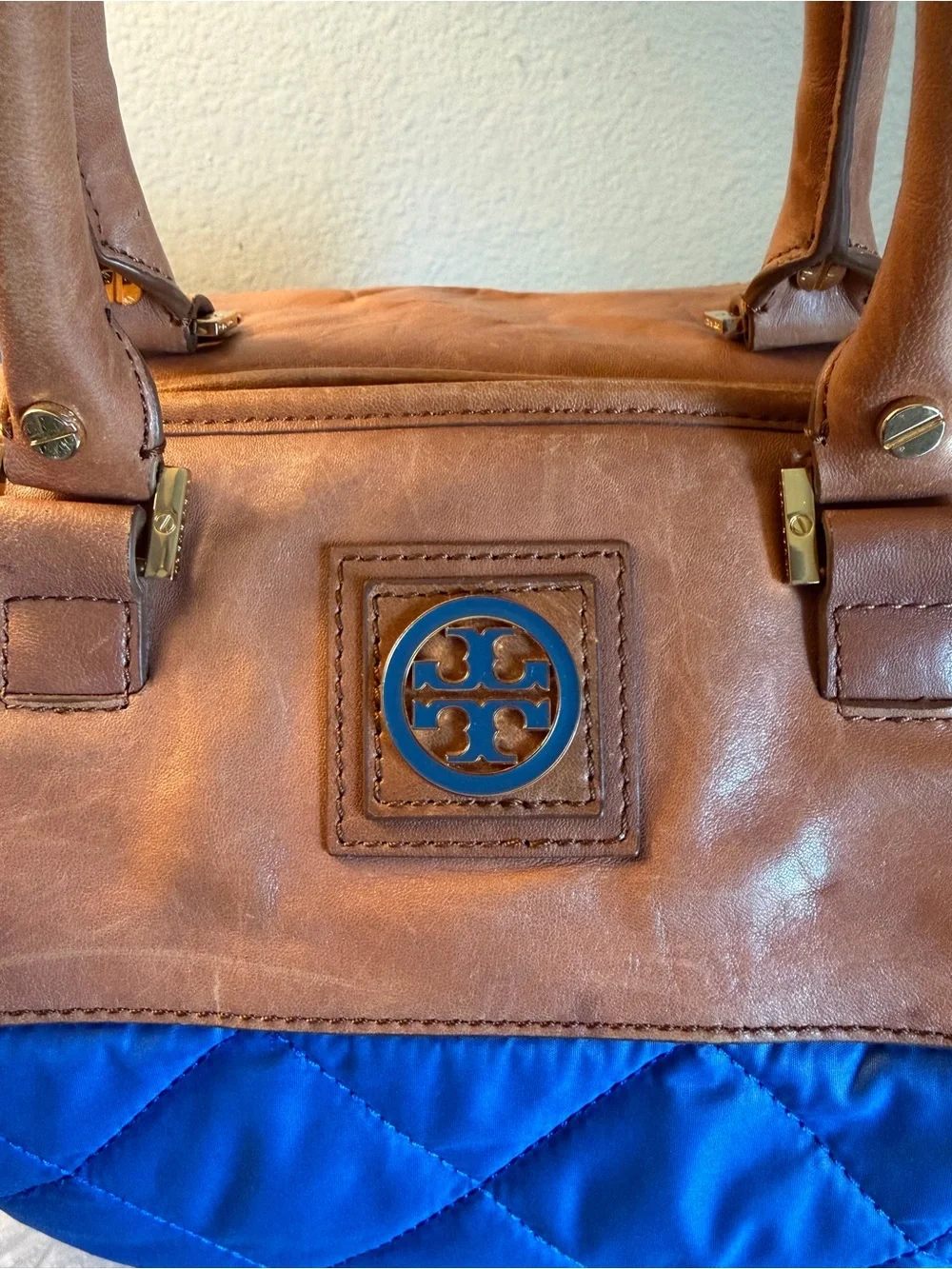EUC Tory Burch Leather & Quilted Blue Tote. - Picture 2 of 12
